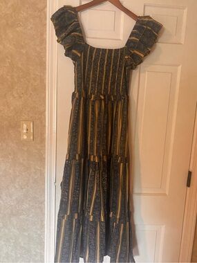 Meadow Bird Blue and Yellow Striped Maxi Dress (Honeydove)